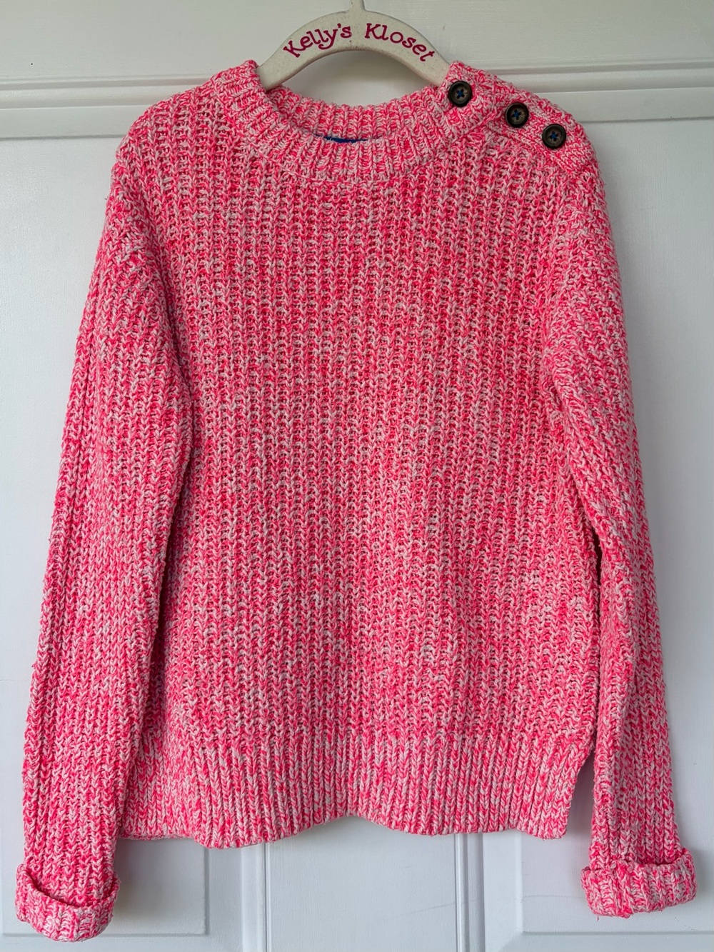 •Mini Boden• Girls Pink/White Marled Knit Sweater Button Shoulder - Size 8-9Y